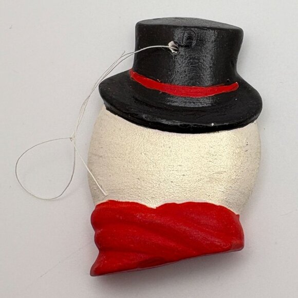 Vintage Snowman Head Christmas Tree Ornament Hand Painted with Top Hat Red Scarf - Picture 2 of 6